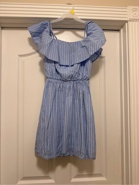 Blue Stripe Ruffle Off-Shoulder Kids Dress